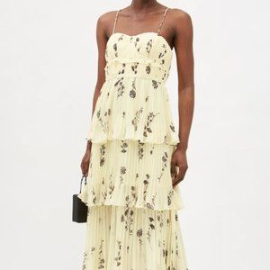 Self-Portrait Yellow Tiered Floral Chiffon Midi Dress Size US 0